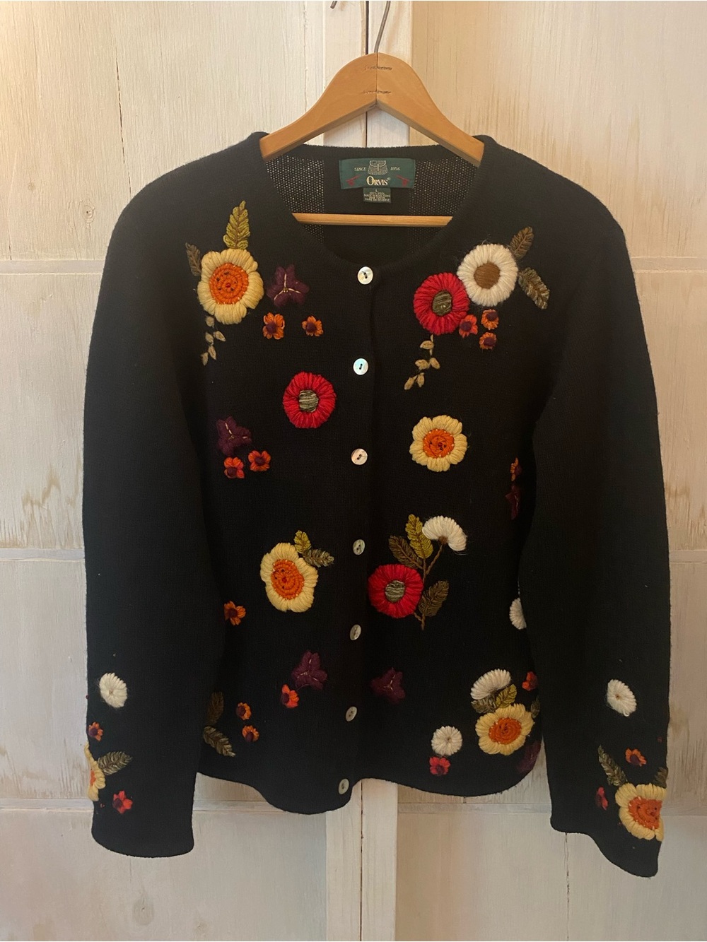 Vintage Large Orvis Black Floral Beaded Embroidered Button-Up Wool Cardigan